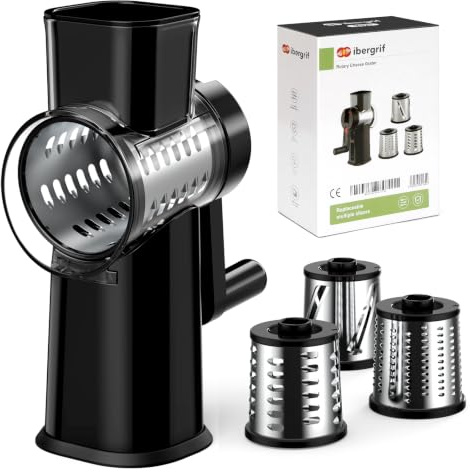 Ibergrif MK527 Trommelreibe, Manuelle Gemüsereibe mit Kurbel 3 Klingen | 430 Edelstahl, Saugfuß, Fingerschutz, BPA-frei, für Käse, Gemüse, Nüsse und Schneiden, Raspeln, Reiben