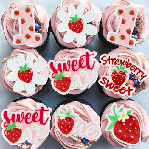 Gyufise 60Pcs Edible Sweet One Strawberry Cupcake Toppers Flower Strawberry First Birthday Cake Decorations Berry Strawberry Cupcake Picks for Baby Shower 1st Birthday Party Food Decorations Supplies