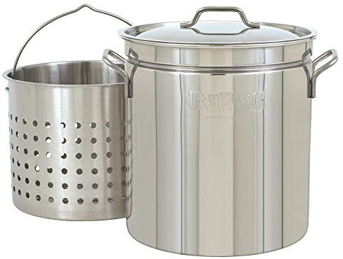 Bayou Classic 1160 62-qt Stainless Stockpot w/Stainless Perforated Basket Features Heavy Welded Loop Handles Domed Vented Lid Perfect For Steaming Boiling Canning and Preserving