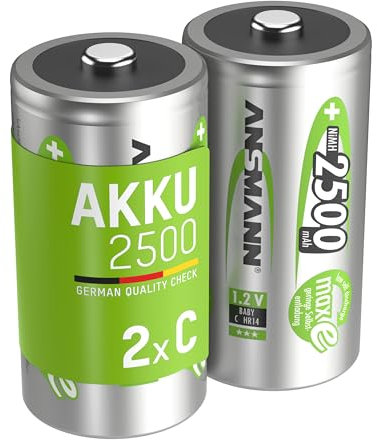 ANSMANN 2x Batterie ricaricabili stilo Baby C - 2500 mAh 1,2 V NiMH - Pila a ricarica veloce - fino a 1000 cicli di ricarica eco-friendly