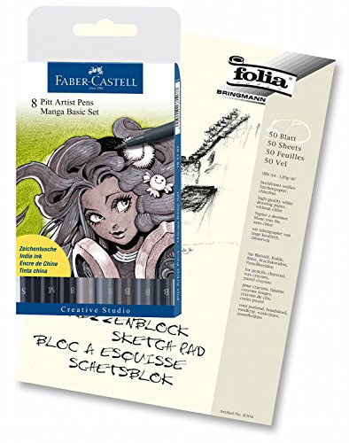 Faber Castell 167107 - Tuschestift PITT artist pen brush -Manga- 8er Packung + A4 Skizzenblock