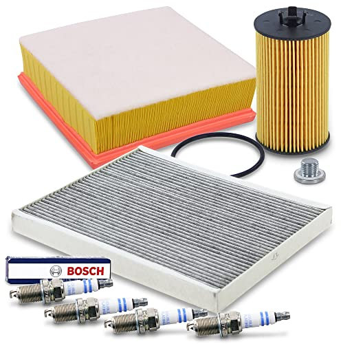 BESTPRICE Inspektionspaket Filterset mit 1x Luftfilter, 1x Innenraumfilter (Pollenfilter) mit Aktivkohle, 4x Zündkerze FR7KPP33+, 1x Ölablassschraube mit Dichtung Kompatibel mit OPEL CORSA D (S07)