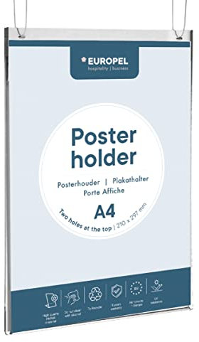 EUROPEL 350010 Plakathalter, Posterhalter für DIN A4, Acryl glasklar, hoch, mit 2 Bohrungen