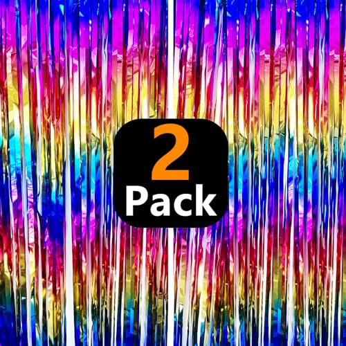 Sparkly Rainbow Foil Fringe Curtain Metallic Streamers Tinsel Party Backdrop Decorations for Birthday Gay Pride Day Graduation Wedding Engagement Bridal Shower Bachelorette Photo Booth Props - 2 Packs