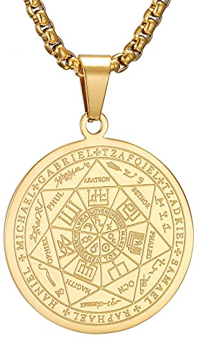 AFSTALR Halskette Herren 7 Erzengel Siegel Medaille Talisman Siegel der Sieben Erzengel Amulett Ketten Anhänger Edelstahl Solomon Schmuck für Herren Männer