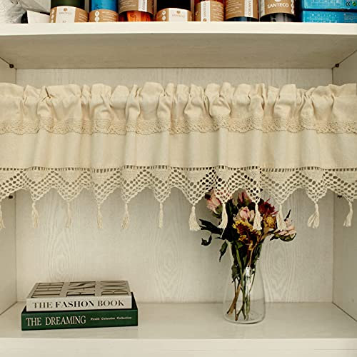 choicehot Beige Häkel Scheibengardine Quaste Kurzvorhang Privatsphäre Bistrogardine Baumwolle Leinen Küchenvorhang Kurz Kleine Fenster Vintage Vorhänge Chic 1 Stück H30xB150cm