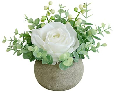 Rosscer Small Artificial White Rose Potted Plant, 6 Fake Silk Flowers in 3.5 Round Pot, Mini Faux Floral Arrangement for Desk Shelf Bathroom Decor