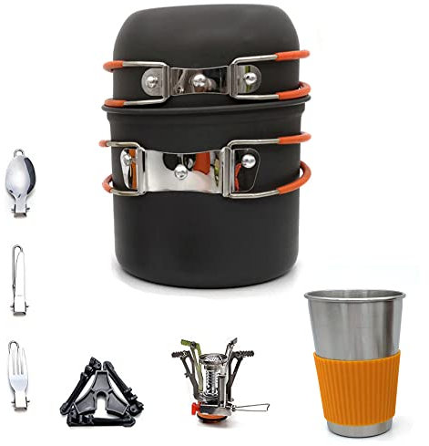 NiCoLa Portable Cooking Set with Stove - 7PCS Camping Cookware Kit Including Stainless Steel Cup, Pots, Forks, Knife for 1 to 2 People Hiking, Picnic