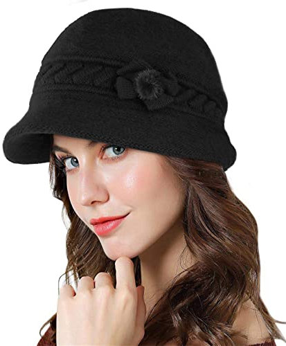 Adigaber Brim Cap Angoramütze Damen mit Fleece gefüttert Thermal Wintermütze Gestrickte Baskenmütze Häkelmode Strickmütze mit Schirm