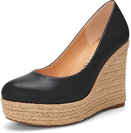 Castamere Femmes Haut High Talon Heel Compensé Plate-Forme Rond Bout Escarpins Slip-on Classique Cute Bureau Chaussures Noir 37 EU