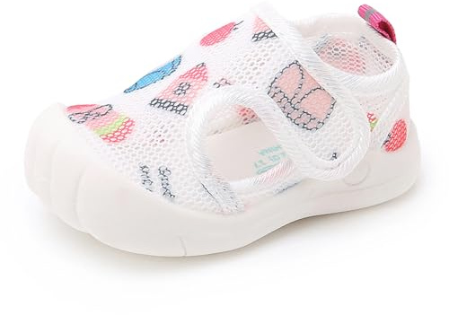RVROVIC Boys Girls Summer Athletic Sandals Closed-Toe Breathable Mesh Slip-on Flats Lightweight Beach Water Shoes for Toddler(3.5 M US Toddler,1-White+Pink)