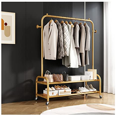 Einzelne aufgeräumte Schienen Robuster Kleiderständer aus Metall Mobiler tragbarer Kleiderbügel Freistehender Kleiderwagen Mit 2-stöckigen unteren Ablageflächen für Schlafzimmer Eingang ( Color : Gold