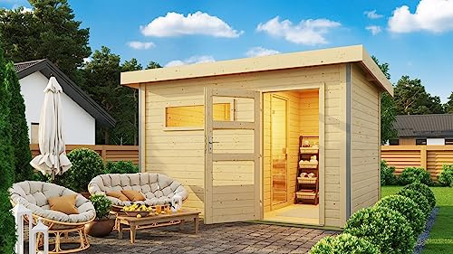 Chillroi® Karibu Saunahaus Helmi Gartensauna Outdoor Dampfkabine naturbelassen/terragrau optional mit Saunaofen (Terragrau mit finnischem 9 KW Ofen)