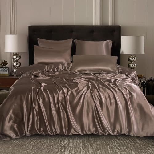 XXR SATIN SILK COMPLETE BEDDING SET DUVET COVER FITTED SHEET 4 PILLOW CASES 6 Pcs (Mink, King)