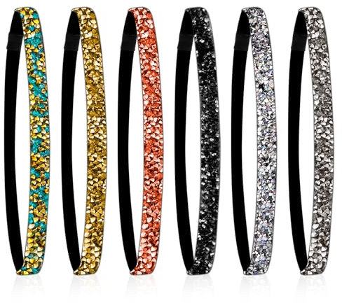 6 Stück Strass Stirnbänder Elastisch Haarbänder Glitzer Stirnband für Damen Verstellbare Haarband Kristall Haarschmuck für Frauen und Mädchen Party Deko