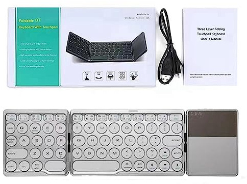 Louttary Teclado Bluetooth plegable de 64 teclas con teclas y tapa redonda, ultrafino, para computadora, oficina, teléfono, tablet, con panel táctil, color plateado
