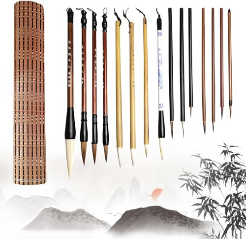 Set per Calligrafia Cinese per Principianti - 15 Pennelli Kanji Dimensioni Miste, Tenda a Penna, Penne Tradizionali con Pelo di Lupo, per Disegnare