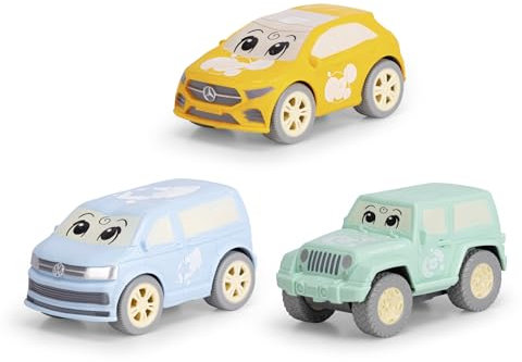 Dickie Toys ABC - Cozy Friends Auto (11 cm) - Aufziehauto ab 1 Jahr mit Rückzug und weichem Material zum Quetschen, Spielzeug für Babys und Kinder ab 12 Monate, 3-Fach Sortiert, zufällige Auswahl