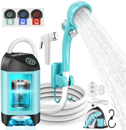 AUTOPkio Ducha Portatil Camping, Duchas Acampada Mejorada con Bomba IPX7 Impermeable & Batería 4500mAh Recargable para Senderismo, Lavado Autos, Baño Mascotas (Azul)