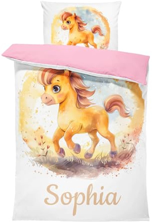 Pictogogo Süßes Pferd-Design Kleinkindbettwäsche für Mädchen und Jungen mit Namen, Personalisiert, Wählbare Baumwollunterfarbe (Weiß, Rosa, Blau, Grau), Oeko-TEX, 100 x 135 cm
