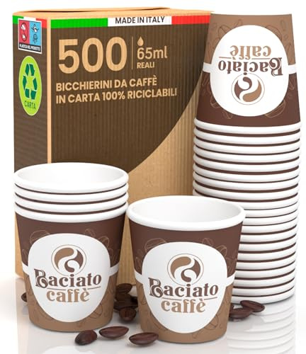 Eurocali 500 Bicchierini in Carta Biodegradabile da caffè 65ml Bicchieri Ecologici Asporto Bevande Calde Acqua