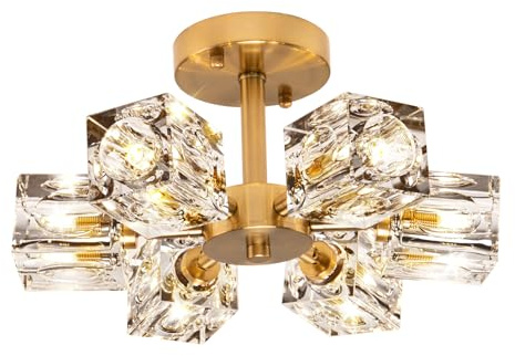 JUJUQI Kristall Deckenleuchte Moderne Gold Deckenlampe, K9 Kristall Kronleuchter, 6-Lichter Design, Halbbündiger Luxus Deckenleuchte für Schlafzimmer Flur Esszimme