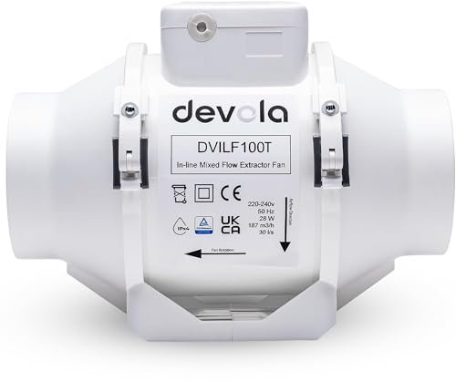 Devola 100mm Inline Mixed Flow Extractor Fan with Timer, 4 Inch Bathroom Fan, For Kitchen, Bathroom and Loft, Made in Britain (Timer Model) - DVILF100T