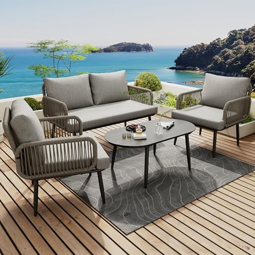 Merax 4 Sitze Gartenmöbel-Set,Outdoor Sofa Set mit 2-Sitzer-Sofa, 2 Sesseln und Couchtisch,Glasplatte in Holzmaserung-Stil, wetterbeständiger verzinkter Stahlrahmen, bequemes Kissen, grau
