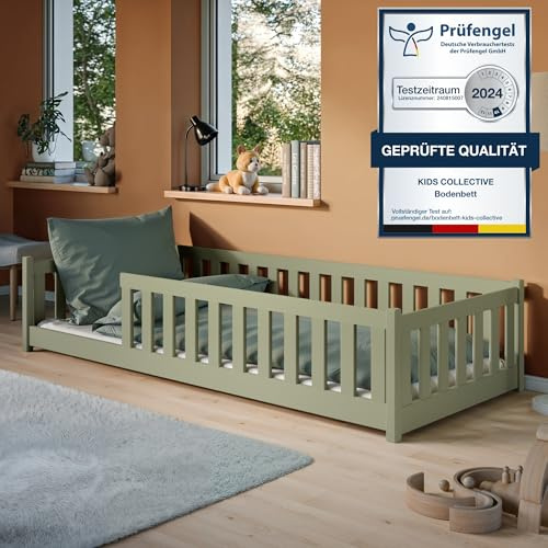 Kids Collective Letto a terra per bambini 90x200 cm con protezione anticaduta e rete a doghe Lettino Montessori a sponde per ragazzi Letto singolo | oliva altre misure 80x160 | 120x200 | 140x200 cm