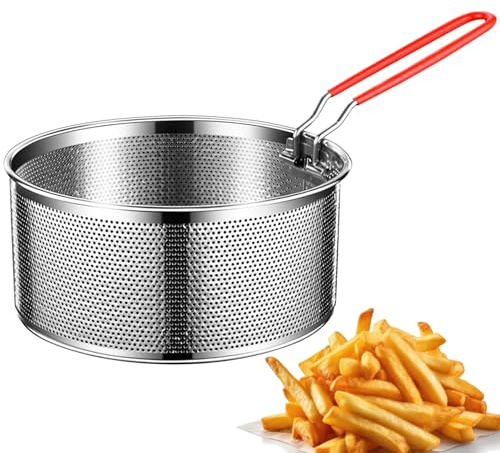 QUSHEJIAND Fritteusenkorb aus Edelstahl mit abnehmbarem Griff, Nudelsieb, Fritteusenkorb, Küchensieb, Bratkorb, Grill, 20 cm