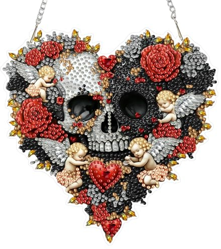 DAERLE Diamond Painting Anhänger, Rosen und Engel, Diamond Painting Fensterdeko Hängend für Erwachsene, Halloween, Diamant Painting Fensterbilder mit Kette für Fenster Wand und Eingang Decor