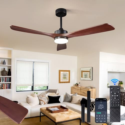 Ventilatore da soffitto da 52 pollici con luce, applicazione e telecomando, lama in legno massello di noce, timer LED dimmerabile, motore reversibile a 6 velocità per camera da letto, soggiorno