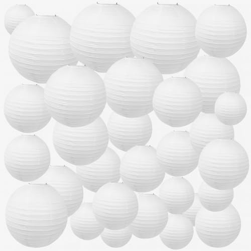 Druuzyl Lanterne di Carta Bianche 30Pcs Lanterna di Carta Rotonde Lanterne di Appese DIY Paralume Appendere per Matrimonio, Compleanno, Decorazioni Giardini (10/15/20/25/30 cm）