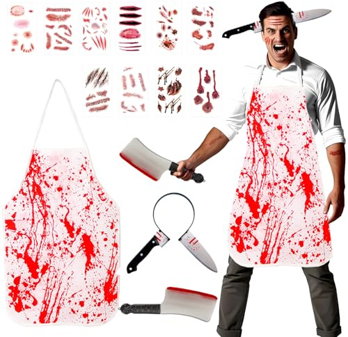 Eledreme metzger kostüm halloween 4pcs, horror Kostüm enthält blutige schürze, saw kostüm Messer, Tattoo, halloween kostüm arzt Geeignet als Halloween Kostüm männer