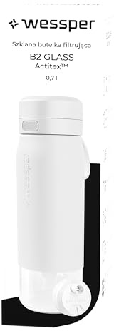 Wessper Botella Agua Filtro, 700 ml, Botella de Vidrio Borosilicato, con Filtro Agua Potable Actitex DISC, Contador de Sustitución del Filtro Integrado, Reduce el Cloro, BPA FREE - Blanco