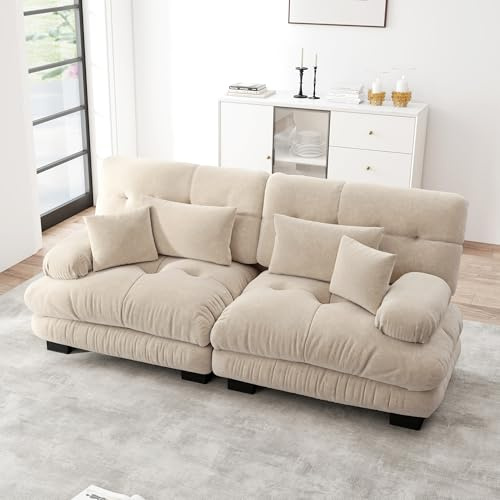 A ALFRESCOOL Sofa mit Schlaffunktion, Sofa 2 Sitzer, Cloud Ecksofa für Wohnzimmer, Chenille Doppelsofa mit 2 Lendenkissen und 2 Dekokissen, Massivholzrahmen Braun