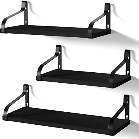 Love-KANKEI Wandregal Holz Bücher Regal Wand 3er Set Schwarz 43/35.5/29cm | Vergrößt Küchenregal Hängend Schweberegal Holzregal U-Form Ideal für Küche Kinderzimmer Wohnzimmer Badezimmer
