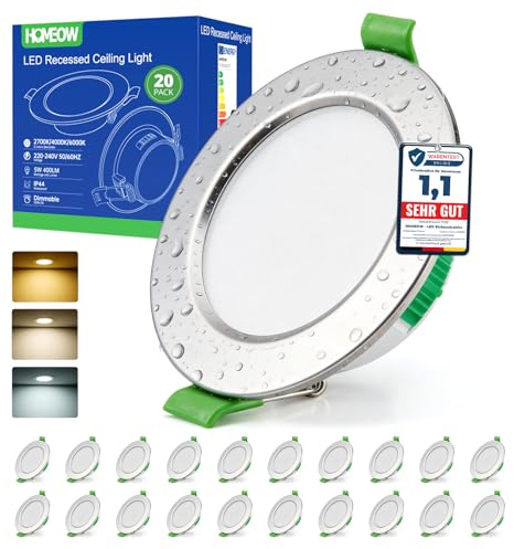HOMEOW 20er Set Einbaustrahler LED Spot deckenleuchte 68mm - 80mm Lochmaß | IP44 Warmweiß 2700K Neutralweiß 4000K Kaltweiß 6000K Deckenspots 230V, 24mm Ultra Flach Nickel Einbauleuchten für Badezimmer