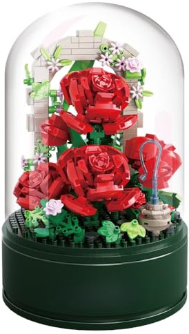 SHOP-STORY Bouquet de Roses à Construire sous Cloche avec Musique – 574 Briques, Mélodie Intégrée, Jeu de Construction Décoratif