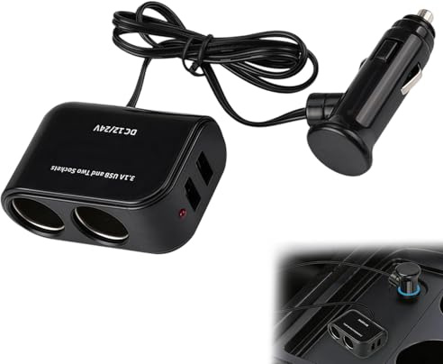 Dual Socket Car Charger with 2 USB Ports 12V/24V Cigarette Lighter Splitter Adapter -Double Car Lighter Adapter for Phone, Dash Cam, GPS, Camera, Tablet & More (Black)