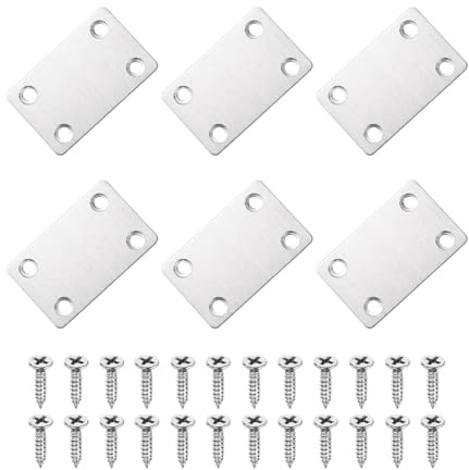 QUARKZMAN 6Pcs Soporte Plano Cuadrado 2.36 x 1.46 Soporte Metálico De Esquina Plana Placa De Refuerzo En Ángulo Recto Con Tornillos Para Fijar Y Unir Muebles De Marco De Madera Plateado