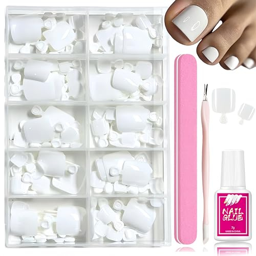 120 Stück Weiß Künstliche Fußnägel, Vollständige Abdeckung Fußnägel Zum Aufkleben, Fake Nails für Nail Art DIY, Einfach Aufzuklebende Press On Nails Füße für Frauen(Weiß)