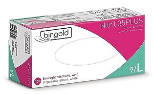 BINGOLD Einmalhandschuhe Nitril 35PLUS, weiß, Größe L, 100 Stück | Puderfreie Einweghandschuhe aus Nitril für Hygiene, Pflege und Labor, weiß, Größe L, 100 Stück.