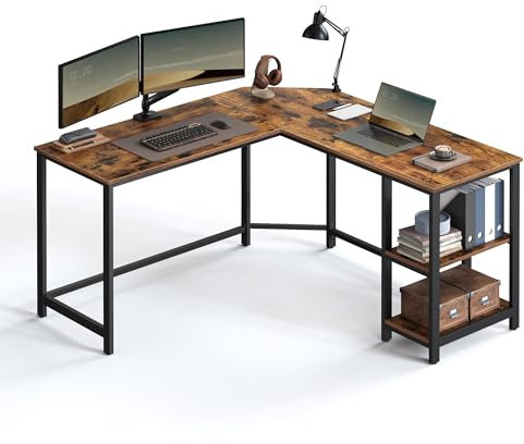VASAGLE Schreibtisch, L-förmiger Computertisch, 138 x 138 x 76 cm, Eckschreibtisch mit 2 Ablagen, platzsparender Bürotisch, Gaming, Homeoffice, einfacher Aufbau, vintagebraun-schwarz LWD72X