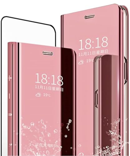 MLOTECH Schutzhülle für Huawei P30 Lite, Schutzhülle + Hartglas, Flip Clear View transparent, Spiegel, Standing 360 °, stoßfest, Smart Cover, Bumper, Roségold