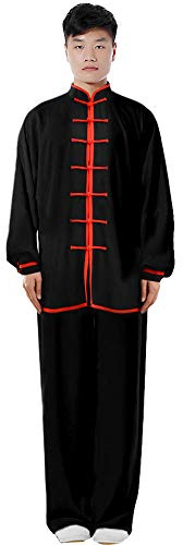 ZooBoo Cotton Blend Long Sleeves Tai Chi Suit Morning Exercise Uniform Kung Fu Clothing for Men (Black+Red, L)