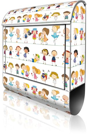 banjado Design Briefkasten personalisiert 38,5x46,5x13cm & 2 Schlüssel - Briefkasten Stahl Weiß Zeitungsfach pulverbeschichtet - Postkasten A4 Einwurf inkl. Montagematerial - Motiv Kinder