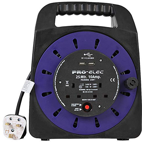 Pro Elec PEL00806 10A 2-Gang Handbag Reel mains Extension with 2x USB Charging Ports, 25 m