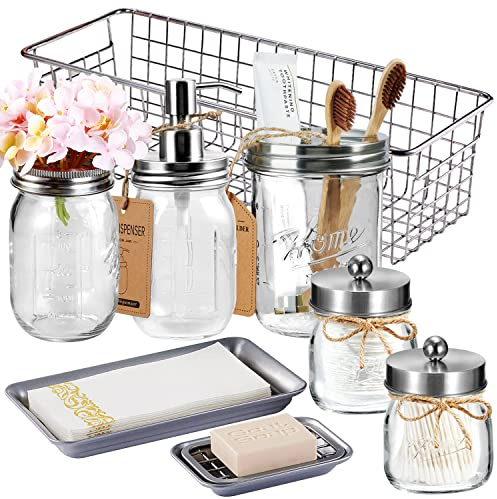Phantom Cables WI1-38S Bathroom Accessories Set 8 PCS-Bathroom Set Soap Dispenser Toothbrush Holder 2 Qtip Holders Flower Vase Soap Holder Vanity Tray Toilet Paper Holder Storage Bin-Brushed Nickel