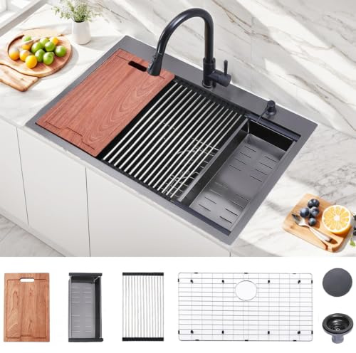 33x22 Inch Black Drop In Kitchen Sink - VAPSINT 33 Inch Top Mount Single Bowl 9 Inch Deep Handmade Workstation Sink in Gunmetal Stainless Steel with Cutting Board & Strainer